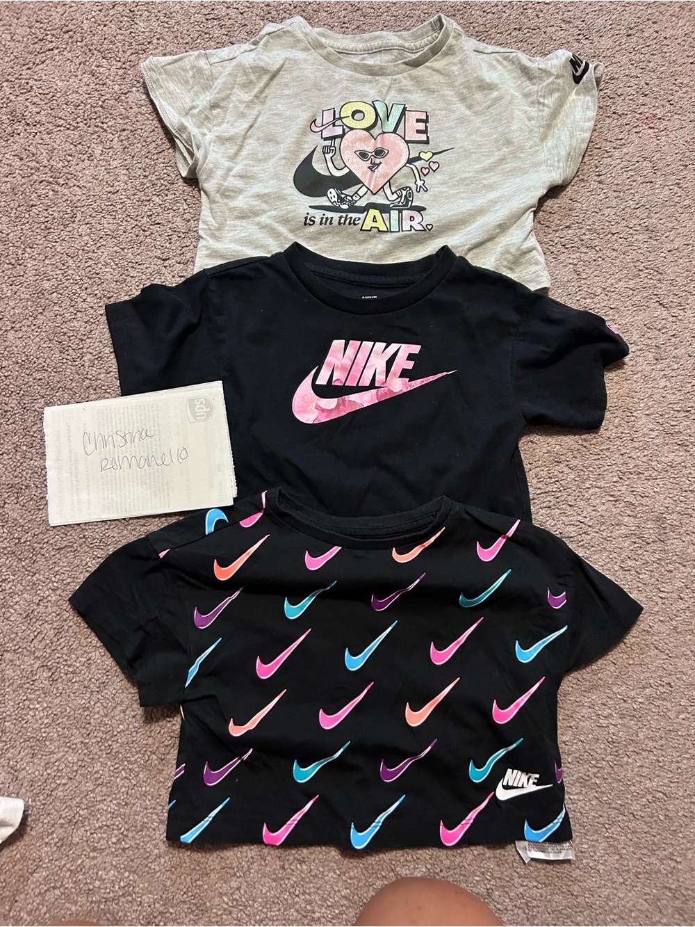 Nike Girls' Black Crop Tee Trio with Pink, Blue & Coral Swooshes